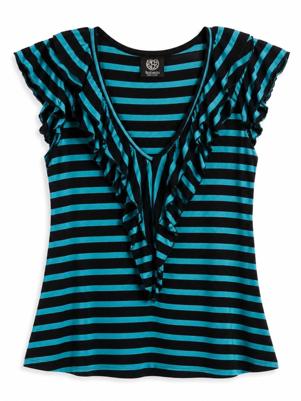 Bobeau Black Teal Striped Ruffle Front Flutter Sleeve Top Size S